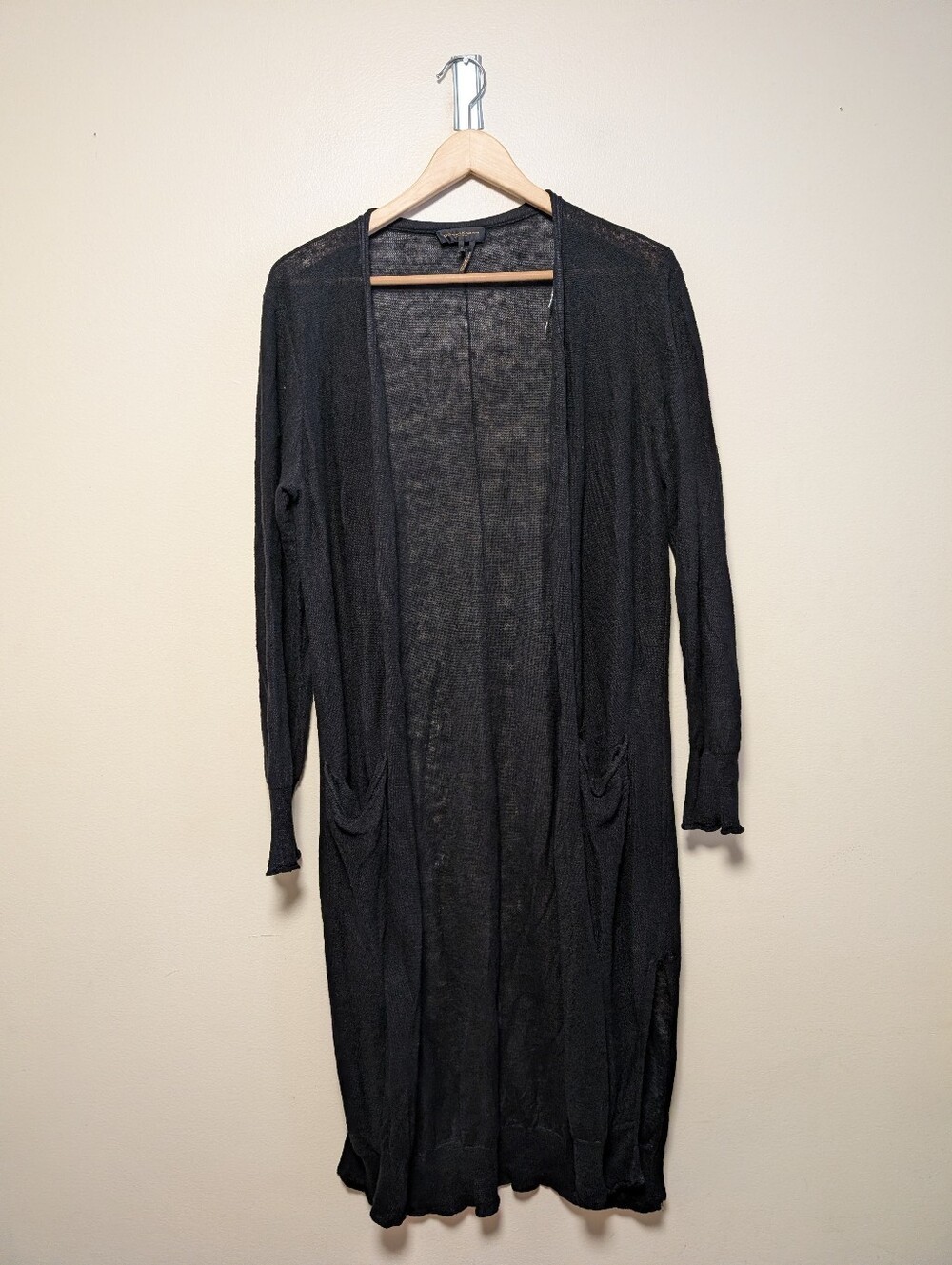 Donna Karan New York Black Linen Long Cardigan Duster Size Small Pockets